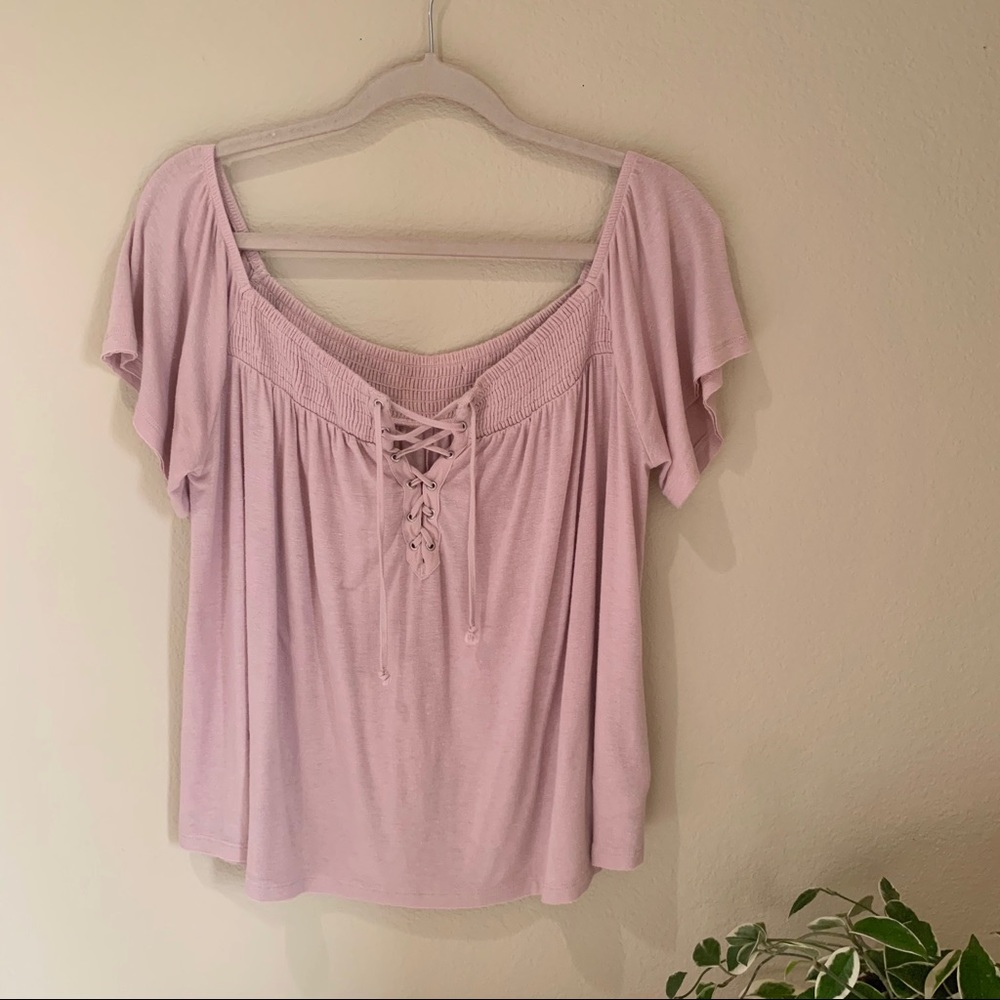 AMERICAN EAGLE PINK TIE UP OFF THE SHOULDER TOP